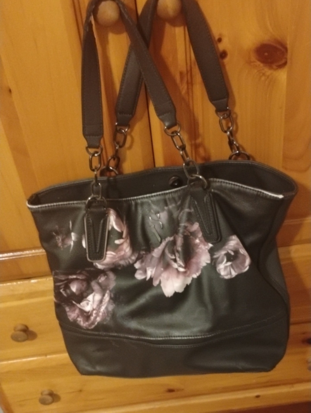Black Floral Shoulder Tote Bag with Pink Rose Accents
